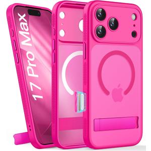 for iPhone 17 Pro Max Magnetic Case with Kickstand, Camera Control, Compatible with MagSafe, Full Lens Protection, Military Grade Shockproof, Translucent Slim Thin Cover for 17 Pro Max, Hot Pink