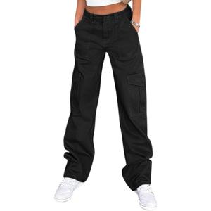 Lepunuo Cargo Pants for Women High Waisted Casual Pants Baggy Stretchy Wide Leg Y2K Streetwear with 6 Pockets (3X-Large, Black)