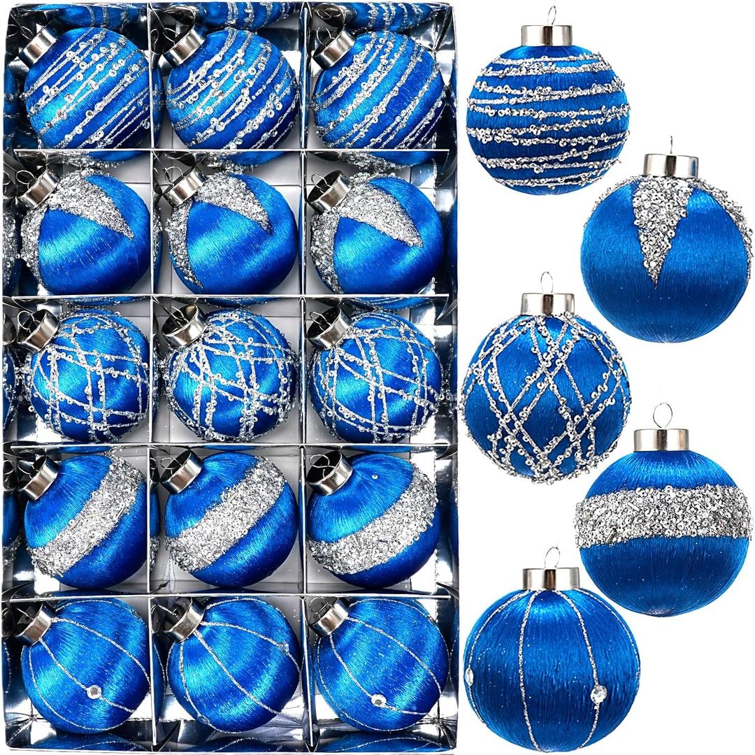 15 Pack 3.15" Fancy Christmas Tree Ornaments Set Large Christmas Baubles for Festive Decor Velvet Shatterproof Ornaments for Tree with Assorted Styles Satin Great as Christmas Ball Bulk Blue