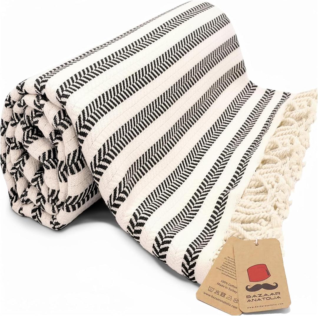 Bazaar Anatolia Turkish Beach Towel 100% Cotton, Quick Dry, Sand Free Boho Farmhouse Style for Bathroom, Travel, Camping Oversized 71x39 Inches Arpa Black