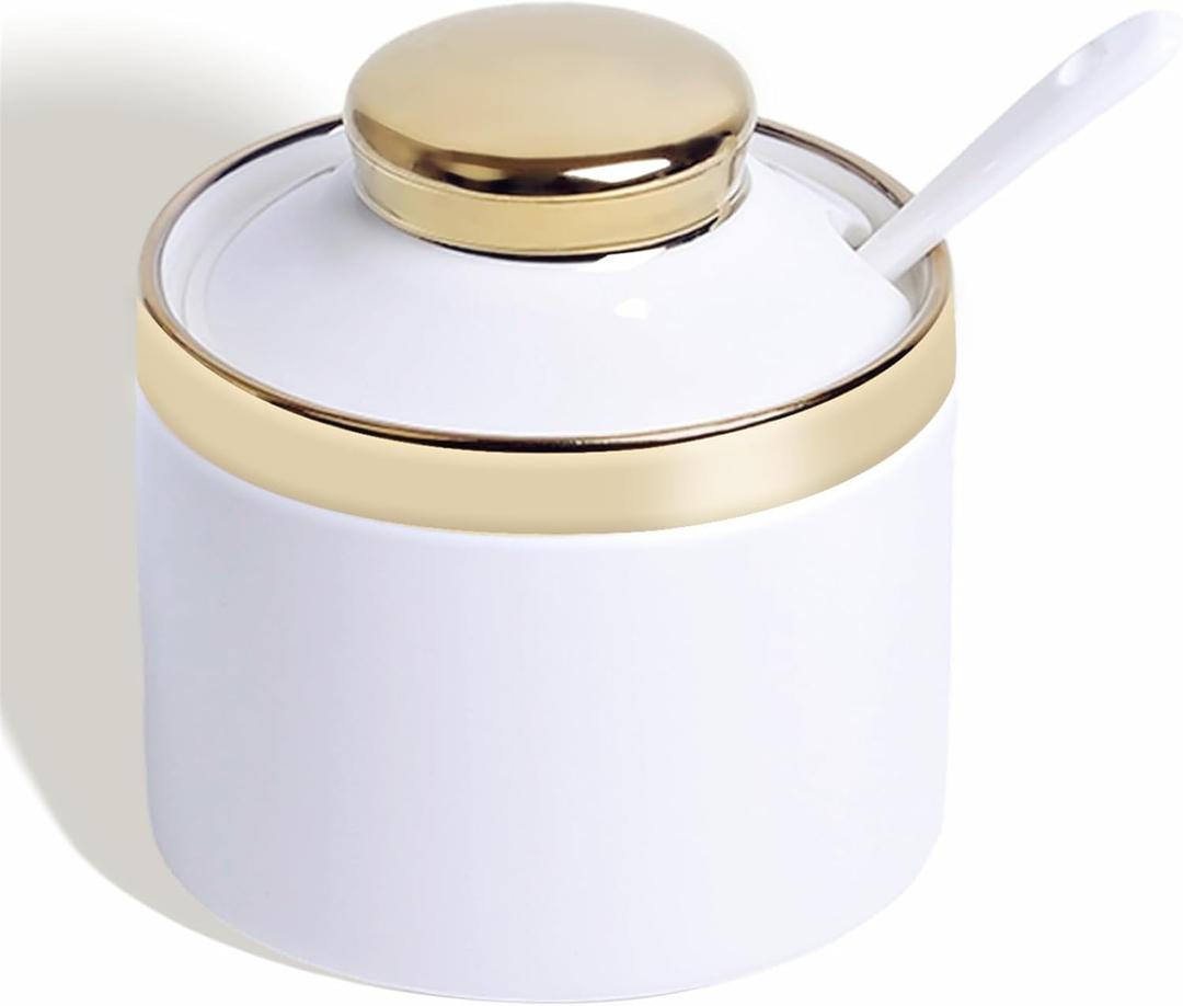 8 oz Sugar Bowl with Lid and Spoon, Simple Ceramic Sugar Jar Sugar Dispenser Sugar Container Coffee Bar Accessories, Modern Kitchen Countertop Canisters, White