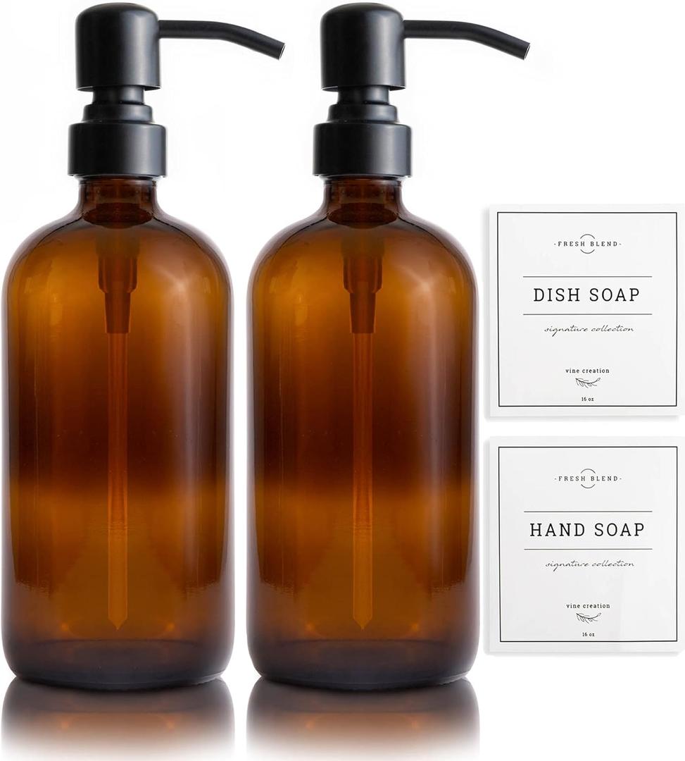 Vine Creations Amber Glass Soap Dispenser, 2 Pack Kitchen Soap Dispenser Set with Stainless Steel Pump, 16 oz Dish Soap and Hand Soap Dispensers for Bathroom with Waterproof Labels (Amber Bottle / Matte Black Pump)