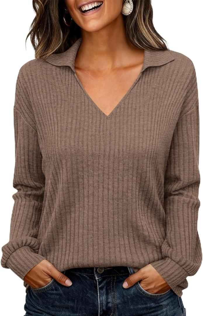 KIRUNDO Long Sleeve Shirts for Women 2025 Fall Fashion Outfits Going Out Tops Collar V Neck Blouses Ribbed Knit Loose Tunic (Small, Brown)