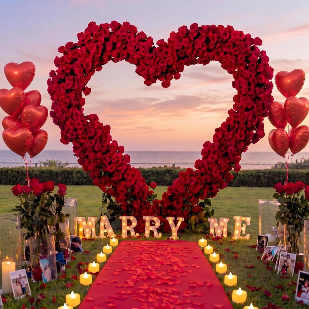 Coume 88 Pcs Valentine Marry Me Lighted Letters Heart Arch Stand Proposal Decoration with 4000 Rose Petals 48 Heart Romantic Candles Balloon Carpet 16ft for Wedding Engagement Night(Red, Gold)