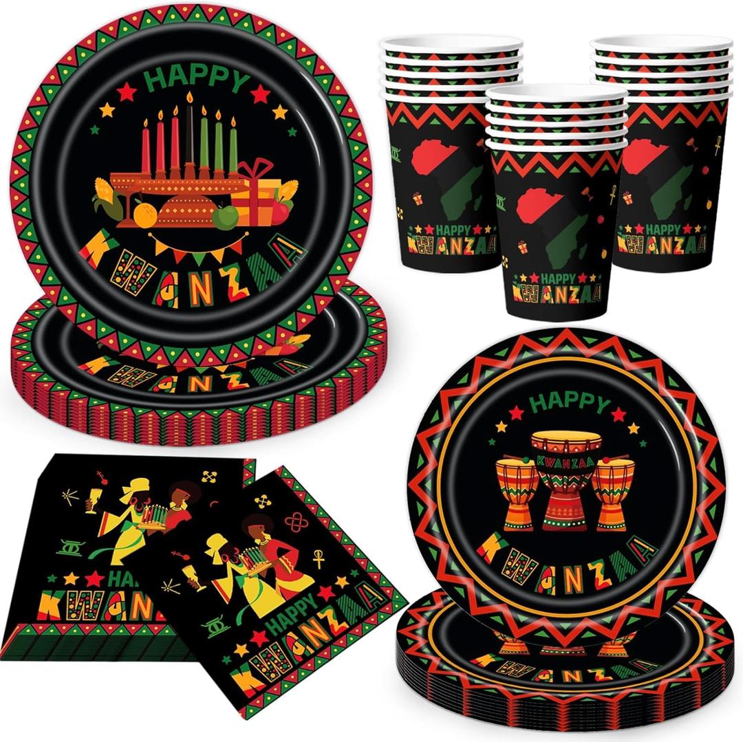 90Pcs Kwanzaa Party Supplies Disposable Tableware Set Plates Cups Napkins for African Holiday Kwanzaa Party Table Decorations Supplies Serves 20