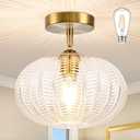 Bagood Gold Semi Flush Mount Ceiling Light Fixture Vintage Ceiling Light Fixture Farmhouse Globe Glass Mid Century Textured Glass Hallway Fixture for Bathroom Entryway (Bulb Incl.)
