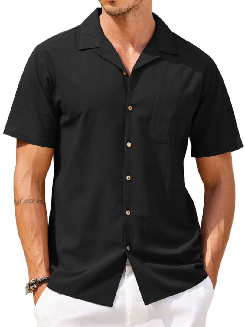 COOFANDY Mens Hawaiian Shirt Short Sleeve Button Down Shirts Casual Tropical Floral Summer Linen Shirts , Size L, Black