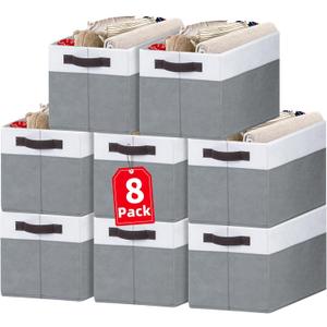 Criusia Large Storage Baskets 8 Pack Versatile Fabric Storage Bins for Closet Cabinet Wardrobe Nursery Pantry | Nursery Organizer Bins for Baby Diaper Toys Clothes | Housewarming Mothers Day Gift (8pcs - Rectangular 14"x10"x9.5", White with Grey)