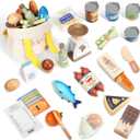 Pithfor Wooden Play Food Set for Kids Toddlers, Grocery Store Pretend Play Food, Pretend Grocery Shopping & Play Kitchen Accessories for Boys Girls