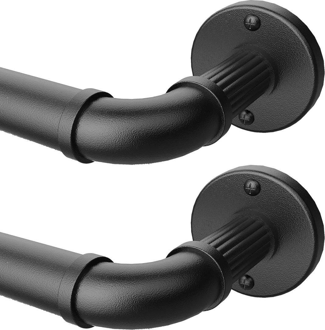 Black Curtain Rods 72 to 144" (6-12Ft) for Window, Outdoor Rods, Industrial 1Inch Pole, Rustic Wrap Around Rod Brackets, Simple rods Indoor/Outdoor Use, Set of 2