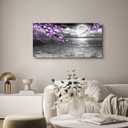 Large Purple Wall Art Decor for Living Room Bedroom Framed Black and White Seascape Full Moon Purple Flower Painting Canvas Picture Modern Hand-Painted Plum Blossom Artwork for Home Office, 40"L x 20"W