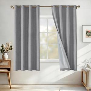 Faux Linen 100% Blackout Curtains for Bedroom, Black Out Curtains 63 Inch Long, Room Darkening Curtains Living Room, Curtain Grommets Drapes, Thermal Curtains (2 Panels, Light Grey)
