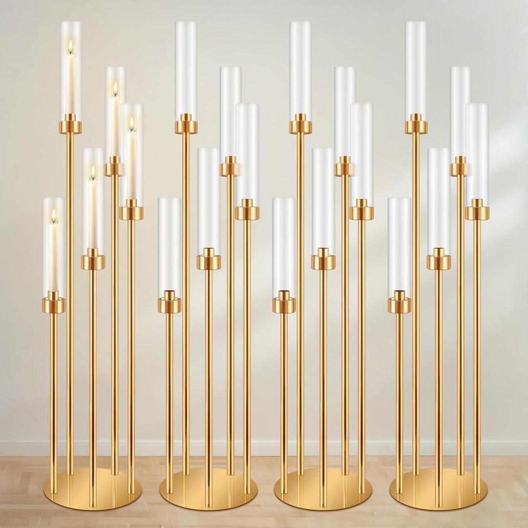 4 Pcs Gold Candelabra Centerpieces 5 Arm 42" Tall Metal Candle Holder Floor Candelabra Wedding Centerpieces Metal Candlestick Holders with Acrylic Removable Lampshade for Christmas Decoration