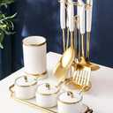 AQUAX Stainless Steel kitchenware seven Pieces Set (White Gold).Cooking Utensils 7 pcs Set with hanging shelf .Include Slotted Spoon, Slotted Spatula, Large Spoon, Soup Ladle, Spatula, Pasta spoon.