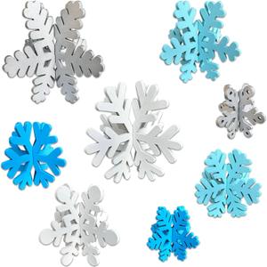 8 Set Winter Wooden Snowflake Table Centerpiece Signs Christmas 3D Snowflake Table Decorations Xmas Snowflake Table Ornaments for Fireplace Tiered Tray Decor (White, Dark Blue, Light Blue, Sliver)