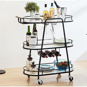 J-yaamiZz Gold 3 Tiers Bar Cart, Home Bar Serving Cart on Lockable Wheels, Rolling Alcohol Cart with Guardrail Wine Rack, Modern Wine Cart for Home Kitchen Dining, Living Room, Black and White, Medium
