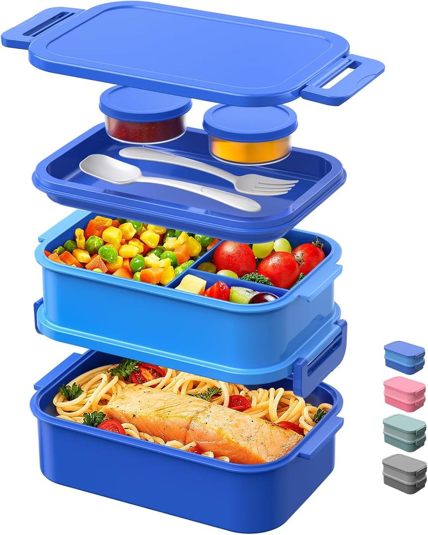 DaCool Bento Box Adults Lunch Container - 74 OZ Stackable Leakproof Bento Lunch Box for Adults Men Boys Teens Large Lunch Box Containers with Fork Spoon Sauce Boxes for Work School Dining Out, Blue (5-Blue)