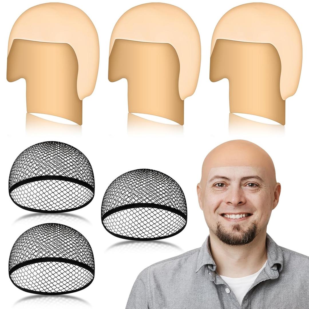 6 Pcs Bald Caps for Men Women Makeup Latex Bald Head Wig Caps Balds Cosplay Costume Accessories for Adults Halloween(Beige 1,Medium,Novel)