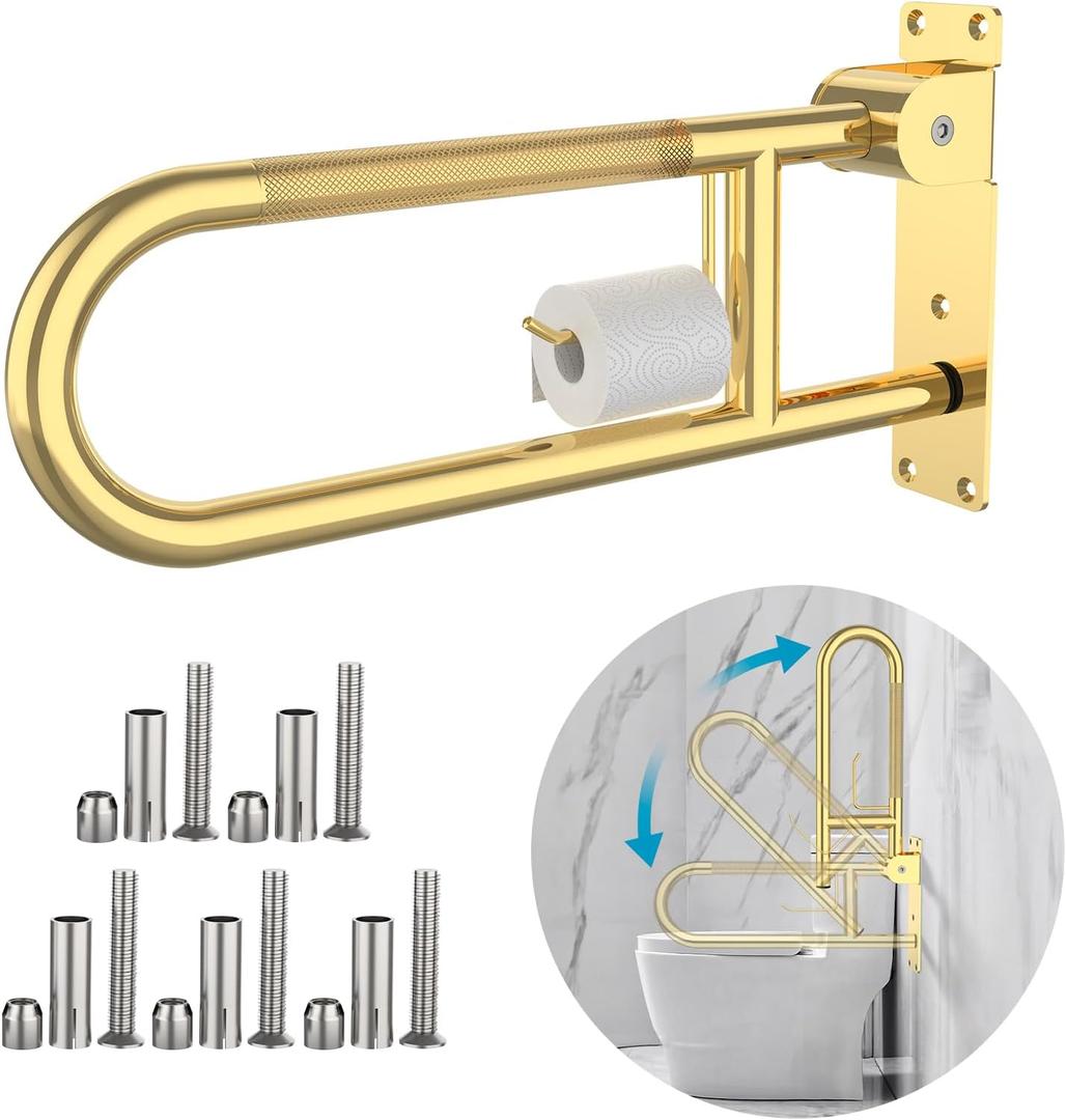 Toilet Grab Bar 22.4 Inch Gold, Munzong Anti-Slip Handicap Grab Bars with Paper Holder, Flip-Up Bathroom Safety Rails, Stainless Steel Knurled Support handrails for Seniors Elderly Disabled Pregnant