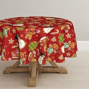 Horaldaily Christmas Tablecloth 90×90 Inch Round, Gingerbread Man Glove Trees Snowman Red Washable Table Cover for Party Picnic Dinner Decor