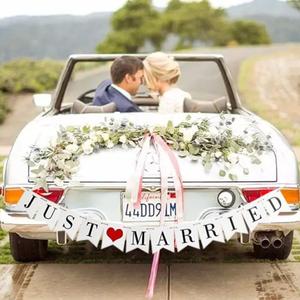 JUST Married Wedding Banner Set, Wedding Decorations for Reception, Bridal Shower and Engagement Photo Prop,Car Decorations (Red)