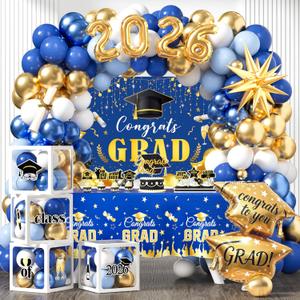 Graduation Party Decorations 2026 Kit, Congrats Grad Class Of 2026 Supplies Set, 2026 High School College Graduation Decorations, Graduate Backdrop Tablecloth Balloon Garland Boxes (Blue)