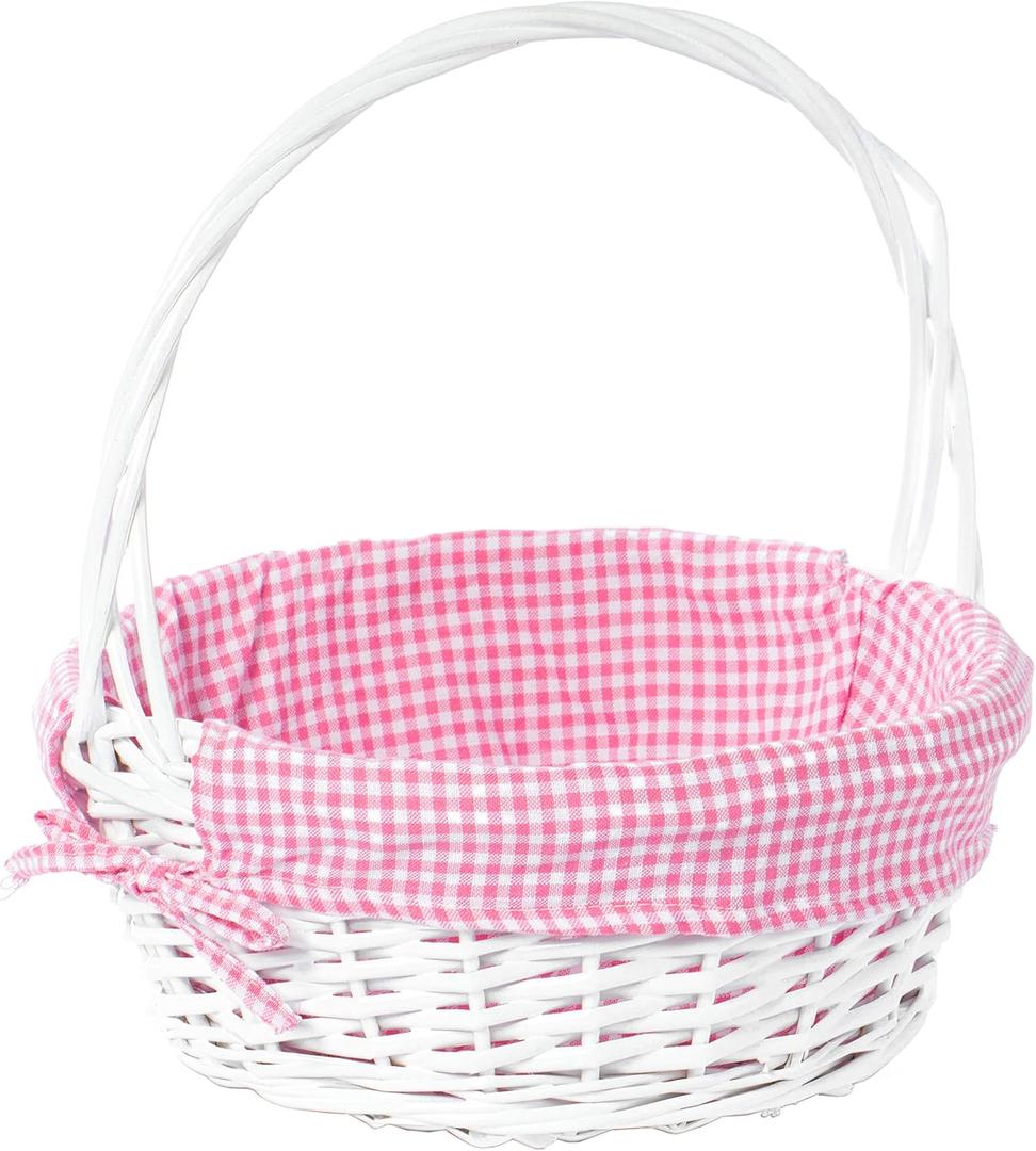 White Round Willow Gift Basket with Pink Gingham Liner & Handle, Mediun Empty Christmas Basket for Gifts, Holiday Wicker Basket, Basket to Fill