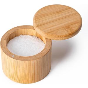 Husfunov Bamboo Salt Cellar, Magnetic Swivel Lid Salt Box, Round Container for Storing Pepper Sugar Herbs, 6 Ounce Capacity