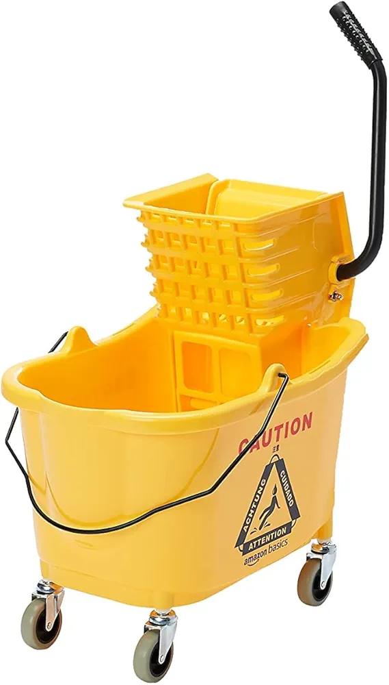 Amazon Basics Side Press Wringer Combo Commercial Floor Cleaning Rectangular Mop Bucket on Wheels, 35-Quart, Yellow