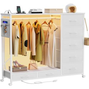 SZLHANJZ Dresser with Hanging Rack, Dresser for Bedroom with Led Lights and Charging Station, 7 Drawers Storage Chest with Hooks and Clothes Rack, Nursery White