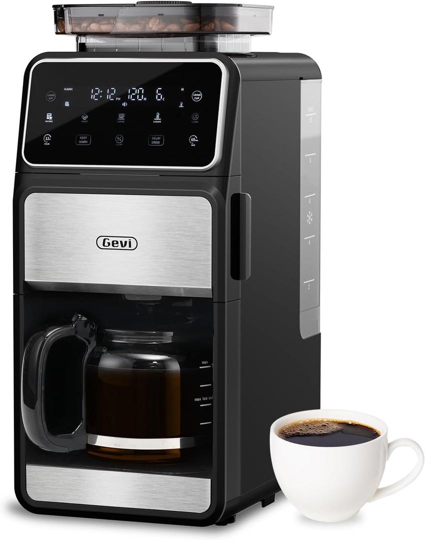 Gevi 10 Cup Drip Coffee Maker with Built-in Grinder, Grind  Brew Burr Combo Coffee Machine with Touch Screen, Programmable, 4-Hour Warm Plate, Permanent Filter, Coffee Carafe (10.7"D x 7.9"W x 17.8"H)