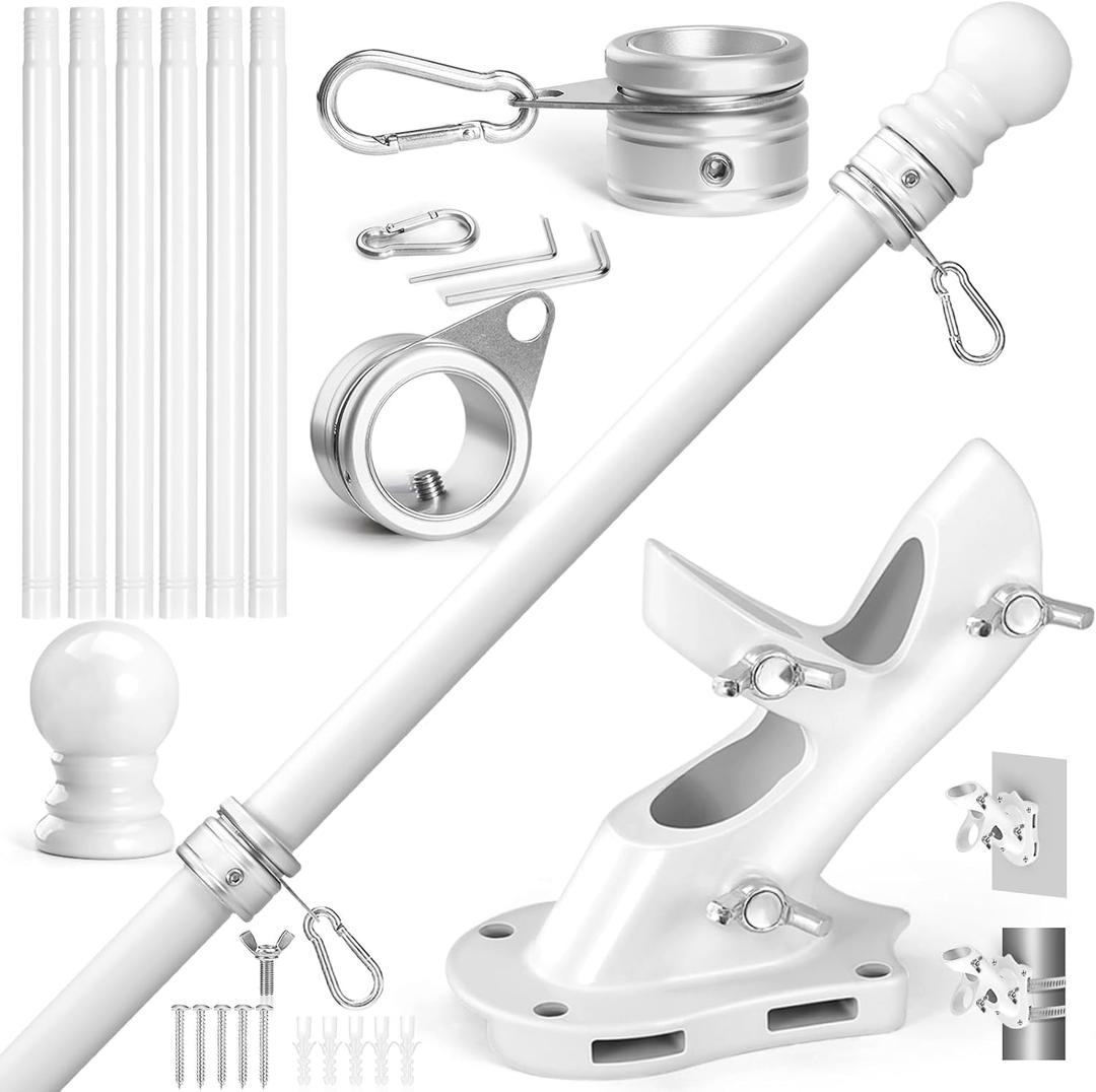 Anovo Flag Pole Kit- Stainless Steel 7 FT Flag Poles with1 Inch Metal 360 Rotating Flag Pole Rings Clip, Two-Position Flag Pole Holder Brackets Mounting for Outside House Outdoor Porch (7 FT - White)