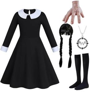 6pcs Girls Halloween Costume Girls Black Dress Long Sleeve with Wig Necklace Sock 3-14Y(3-4 Years)