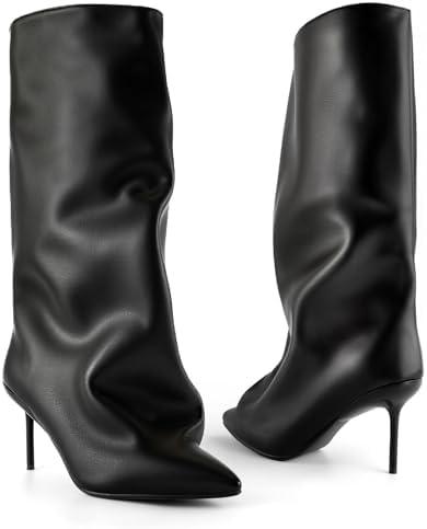 Lunhonk Slouchy Knee High Boots Women, Black Boots with Pointed Toe Stiletto Heel Pull on Closure Shark Boot High Heel Boot for Women 40
