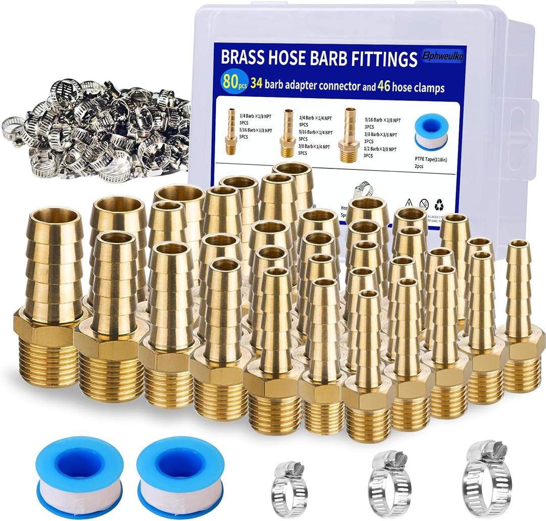 34Pcs Brass Hose Barb Fittings Kit - 3/16", 1/4", 5/16", 3/8", 1/2" Barb to 1/8", 1/4", 3/8" NPT Male Adapter with 46Pcs Clamps & 2 Teflon Tapes for Air Fuel Water Line