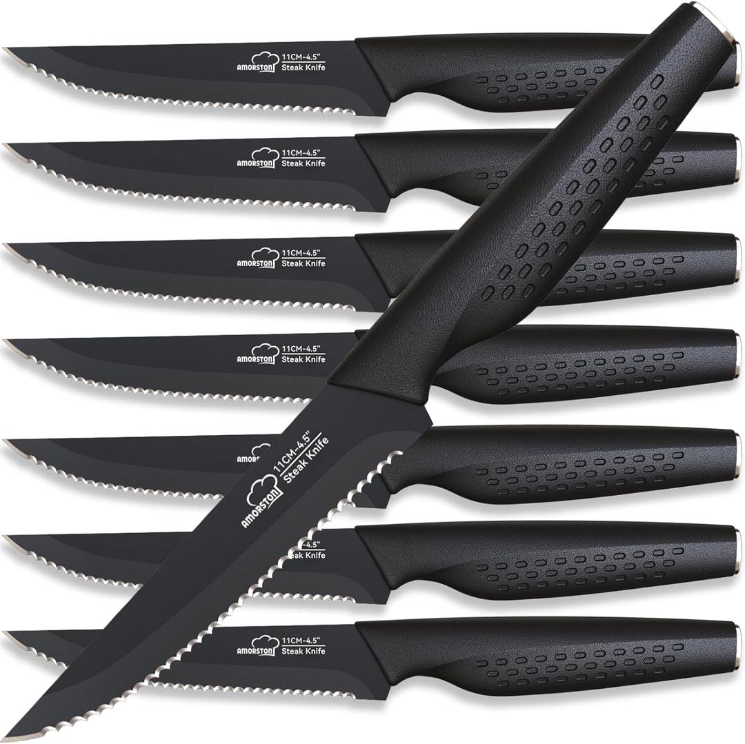 Amorston Steak Knives, Steak Knives Set of 8, Stainless Steel Steak Knife Set, Serrated Knives Dishwasher Safe, Elegant Black