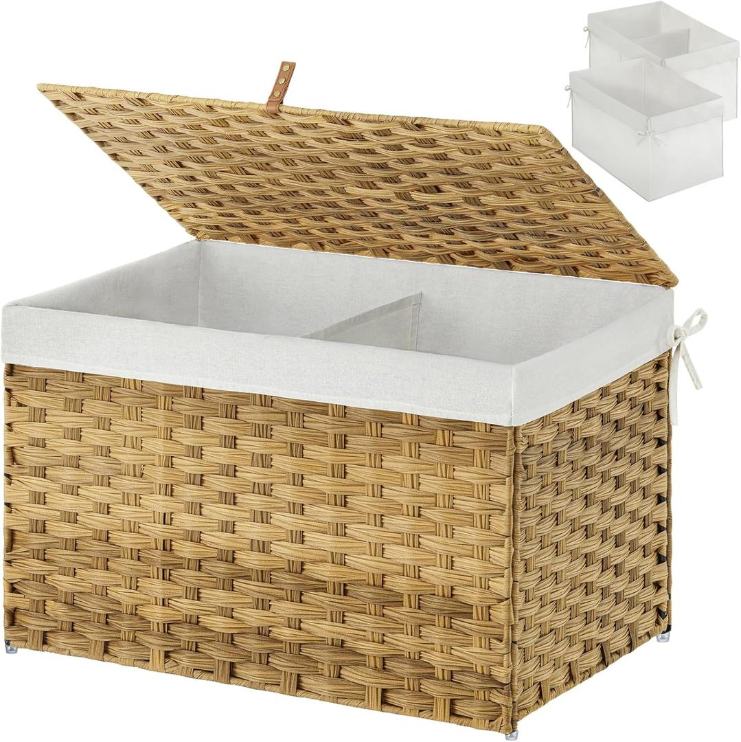 GREENSTELL Storage Basket with Lid, 27.7 Gallon(105L) Lagre Wicker Blanket Storage Basket with Handles, Foldable, 2 Removable Liner Bags, Metal Frame, for Bedroom, Laundry Room, Natural