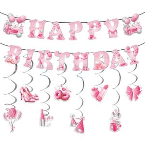 Silver Pink Bow Birthday Party Decorations,Birthday Party Supplies,Glitter Happy Birthday Banner,Silver Pink Bow Hanging Swirls Bow Themed Party Decor for Girls Women Shower Birthday Party Supplies