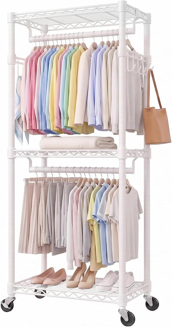 Rolling Clothing Rack-Heavy Duty Clothes Rack with Lockable Wheels, White