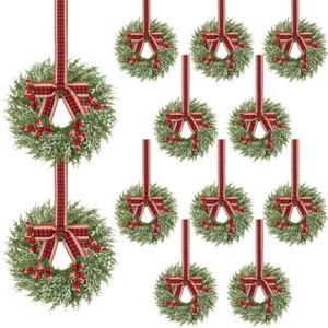 12 Pcs Small Christmas Wreath, Christmas Wreaths for Windows, Winter Mini Wreaths Christmas, Cabinet Wreaths for Kitchen Christmas, Window Decorations for Front Door Candle Rings Outdoor Indoor (Green, Red)