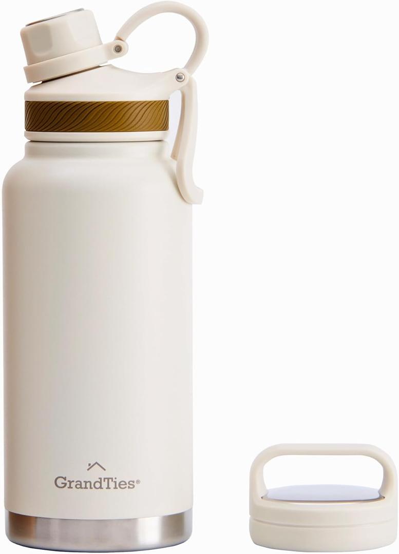 GRANDTIES 2 Lids Sports Stainless Steel Water Bottles  Wide Mouth Vacuum Insulated Reusable Leak Proof BPA-Free Travel Metal Canteen, Thermos Bottles for Men Women Gym (Ivory White 32 oz)