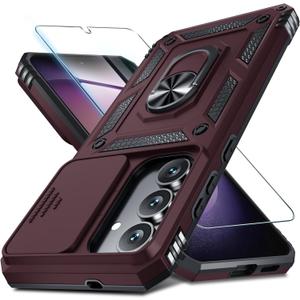 Janmitta Compatible with Samsung Galaxy S25 FE Case Built in Slide Camera Lens Cover+Screen Protector+Finger Ring Holder Kickstand,Heavy Duty Shockproof Full Body Phone Cover,2025 Wine Red