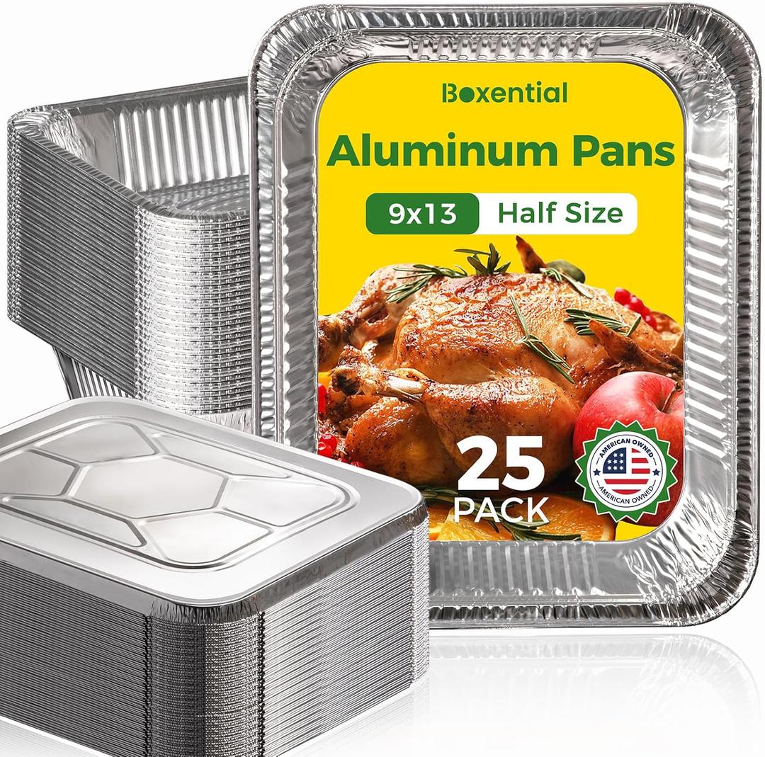 9x13 Aluminum Pans with Lids [25 Pack], Extra Heavy Duty Half Size Disposable Foil Pans, Deep Baking Pans for Cooking, Roasting, Heating, and Steam Tables