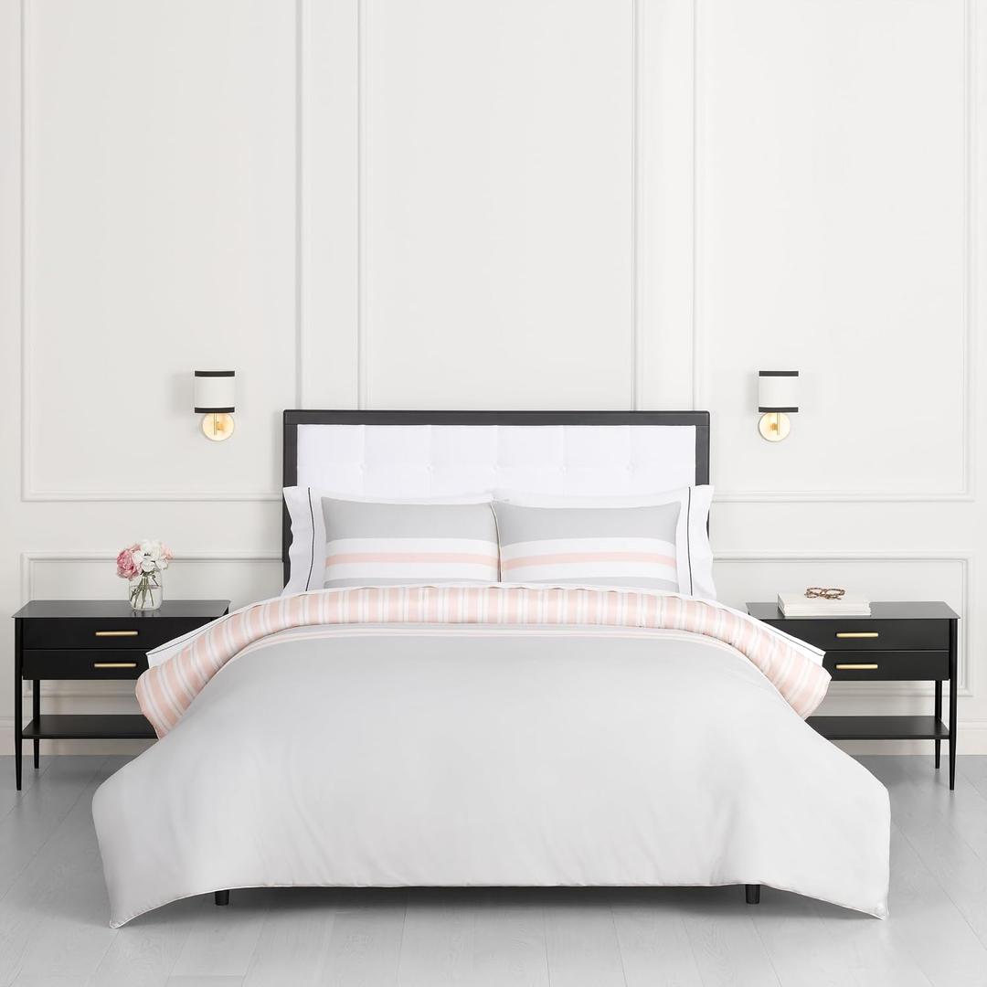 kate spade new york Engineered Stripe 3-Piece Full/Queen Comforter Set, 300 Thread Count and 100% Cotton Reversible Cover, All Season Warmth Bedding, Machine Washable, Pink and Grey