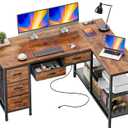 PRAISUN 47 Inch L Shaped Desk with Power Outlets, 5 Fabric Drawers