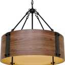 Chandelier Lighting Fixture, 4-Light, Black Walnut Wood Metal Drum Shade, Rustic Industrial Iron Pendant for Kitchen Island Living Dining Room Over Table, 23" W x 21.5" H