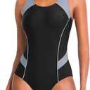 Tempt Me Women One Piece Swimsuits Athletic Racerback Swimwear Training Exercise Slimming Bathing Suit (Black Gray), M