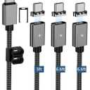 ZBF 100W USB C Magnetic Charging Cable,Magnetic Charger Cable for USB C to C(3 Pack, 5/6.6/6.6FT) 480Mbps Data Transfer, 5A Fast Charging for Phone 16 15 14,13 Pro Max,MacBook Pro Pad Galaxy S22