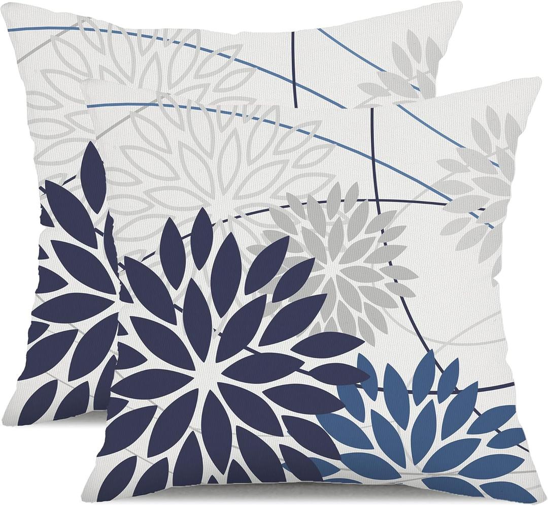 Blue Flower Pillow Covers 16x16 Inch Set of 2 Dark and Light Blue Colored Pillow Farmhouse Outdoor Waterproof Decor for Patio Funiture Garden Summer Floral Polyester Square Cushion Cover 01D16