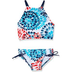 Kanu Surf Girls' Daisy UPF 50+ Beach Sport Halter Tankini 2-Piece Swimsuit (Daisy Red/White/Blue)